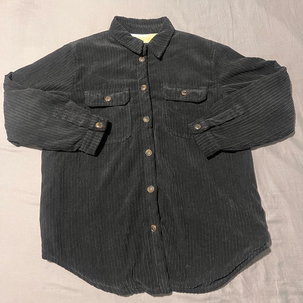 Women’s Black Corduroy plaid fleece line button down warm cozy button jacket (M)